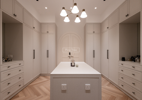 Modern walk-in wardrobe with a central countertop