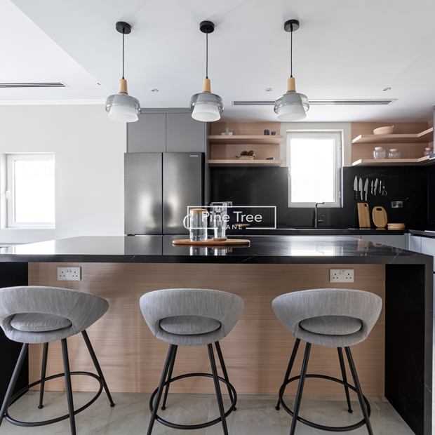 Modern kitchen with black marble island and bar stools