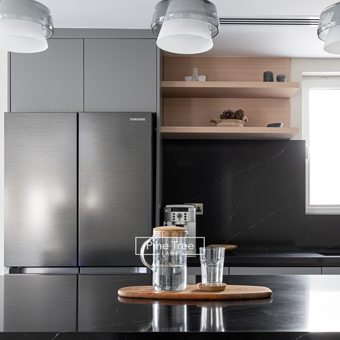 Kitchen with black marble countertops