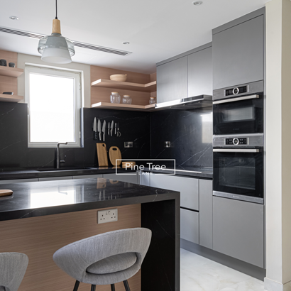 modern kitchen with gray cabinets and black marble counters