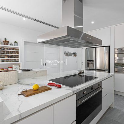kitchen features a sleek pull-out trash bin integrated into the cabinetry