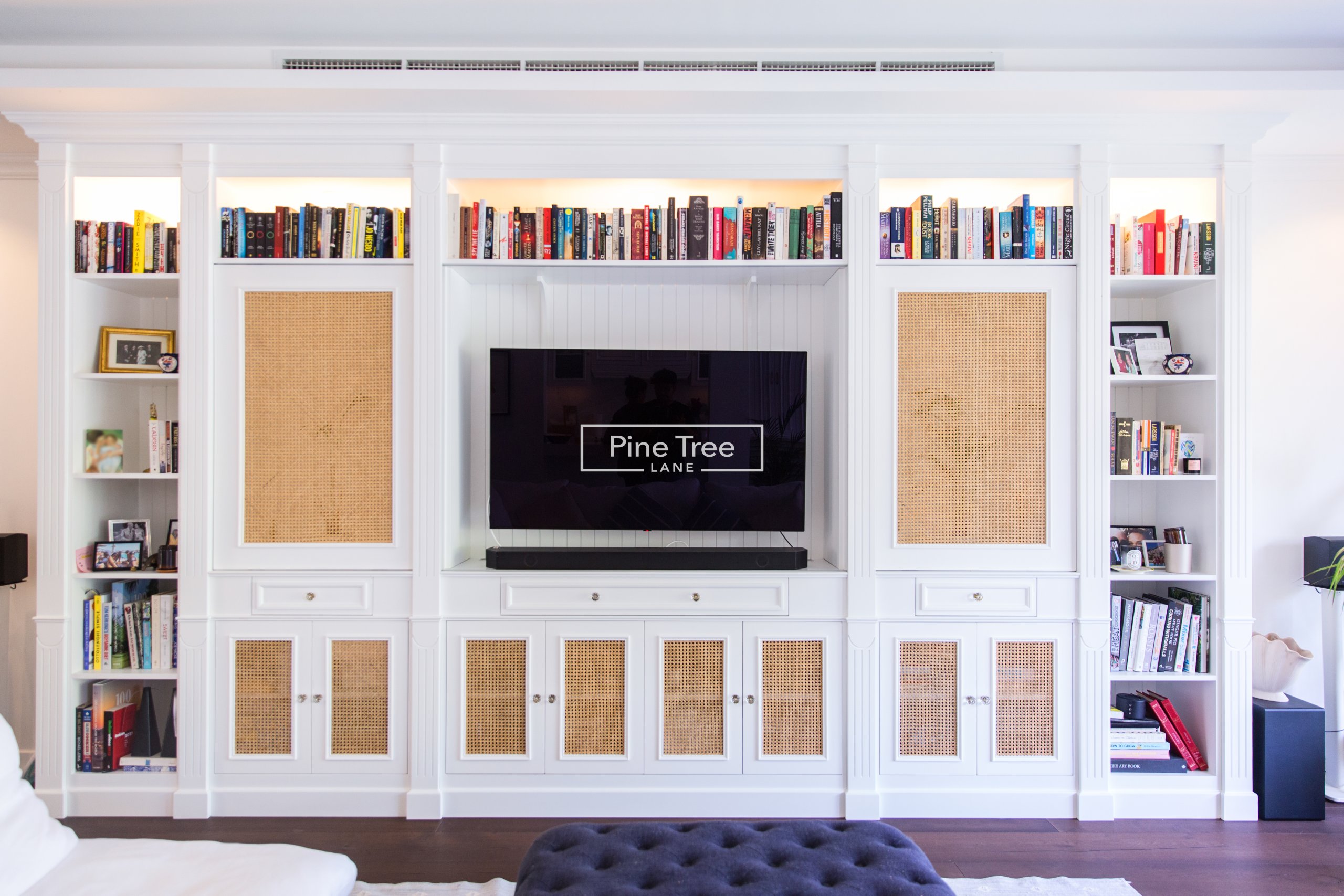 living space with natural textures and elegant storage