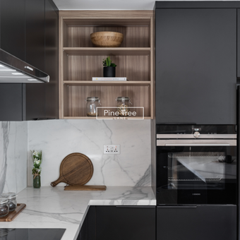 black kitchen with open shelving