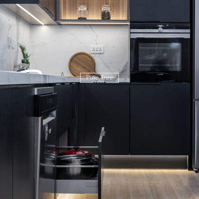 Kitchen pull-out drawer with lighted wooden shelves overhead