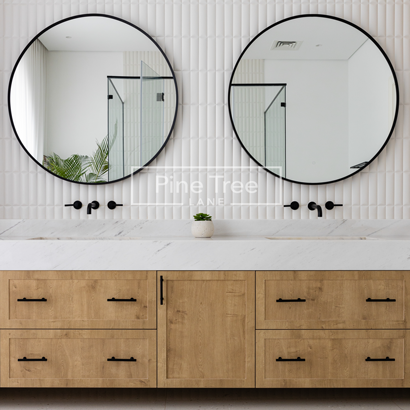 Floating vanity with marble top and twin round mirrors