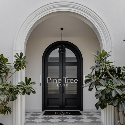 Matte black arched double doors with fluted glass panels