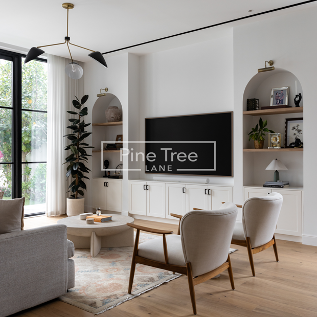 Living room with white cabinetry