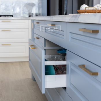 Modern kitchen featuring blue drawers