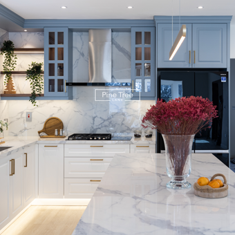 kitchen with gold accents and marble surfaces