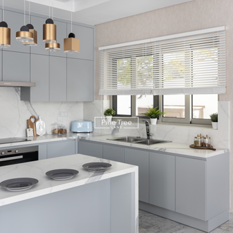 kitchen featuring grey cabinetry and gold pendant lights