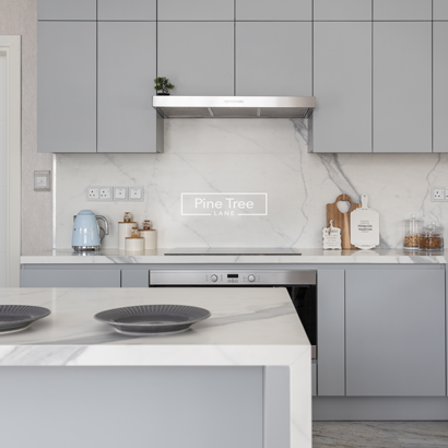kitchen featuring seamless matte cabinetry and a marble backsplash