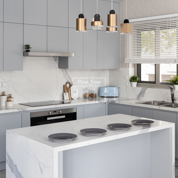 kitchen featuring grey cabinetry and stylish gold lighting.