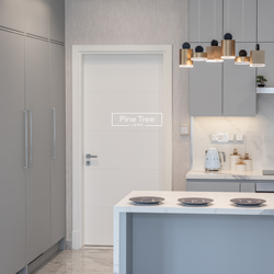 kitchen featuring grey joinery and brass pendant lights