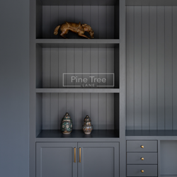 sleek gray cabinetry and built-in shelves