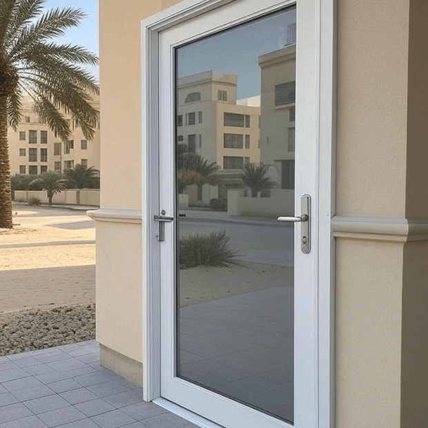 Modern PVC entry door with safety features.