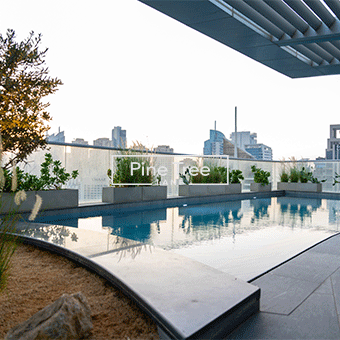 Rooftop featuring stylish plants and custom pool