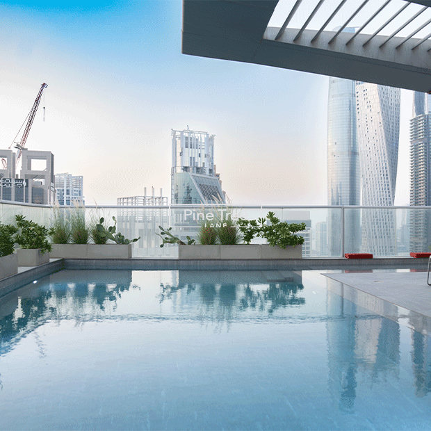 Modern rooftop pool with skyline views