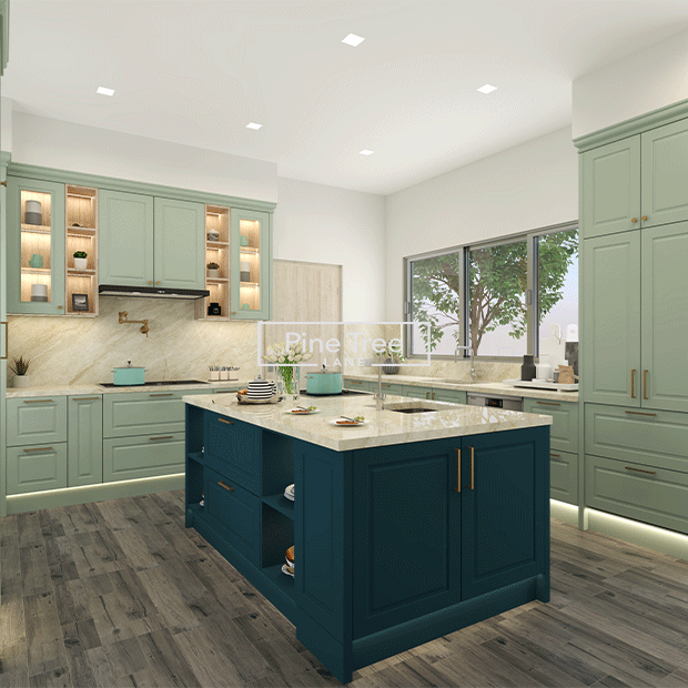Stylish 3D-rendered kitchen with mint green cabinet