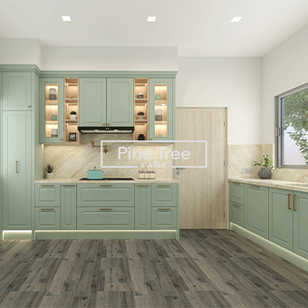 3D kitchen model with sleek mint green cabinets
