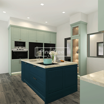 3D-rendered kitchen with mint green cabinets