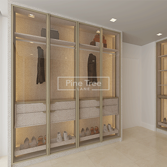3D-rendered walk-in wardrobe with modern design