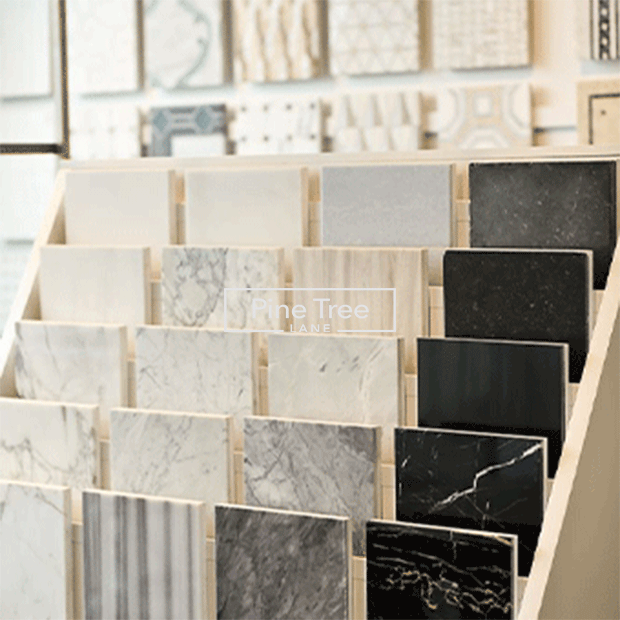 Small marble and stone samples displayed in slabs