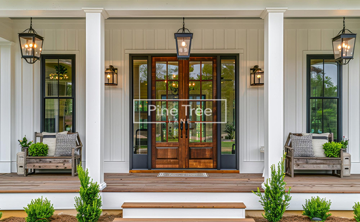Main Door with Glass Panels and Wooden Frame