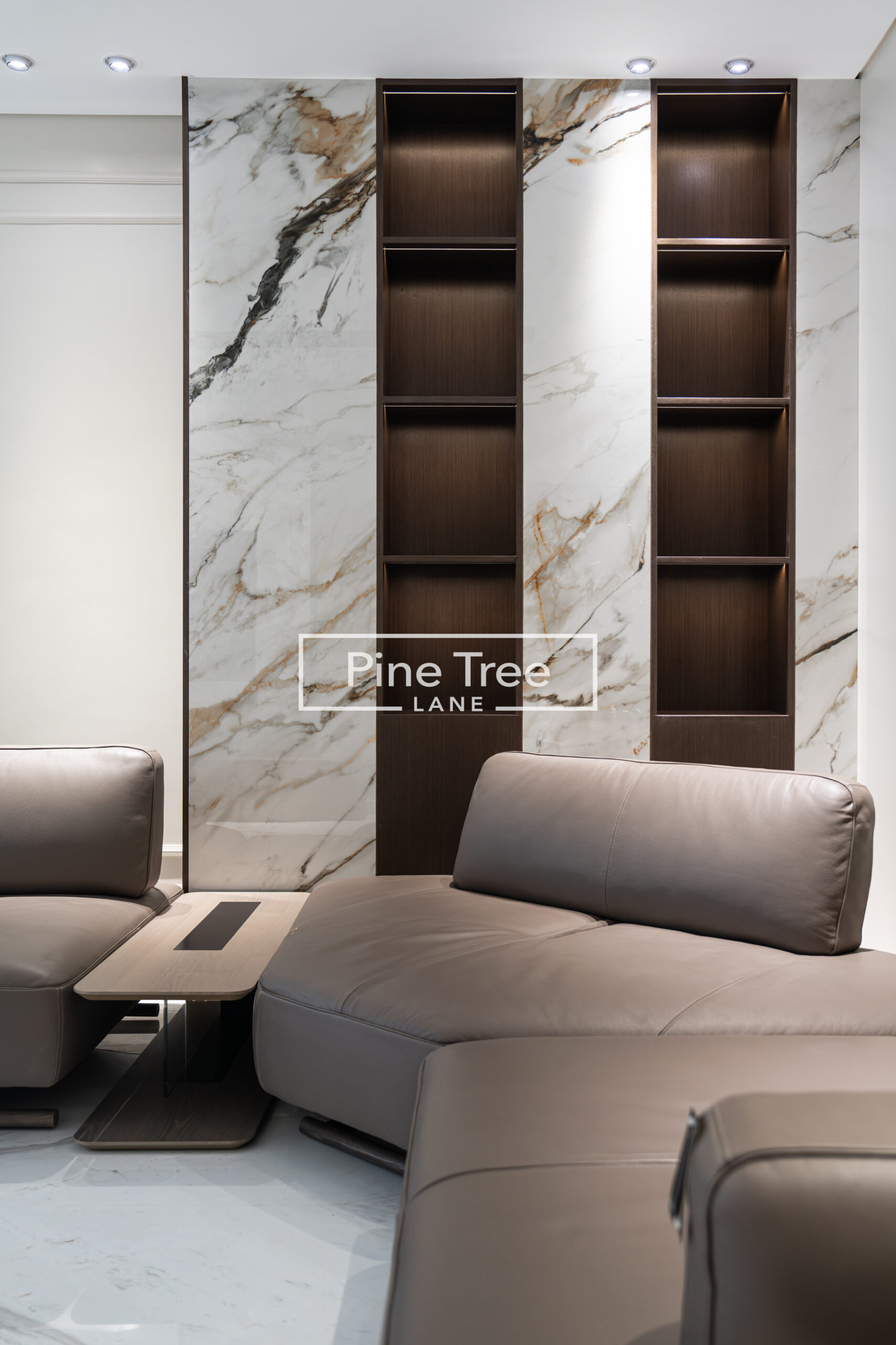 Modern living room featuring sleek leather sofas and marble wall panels