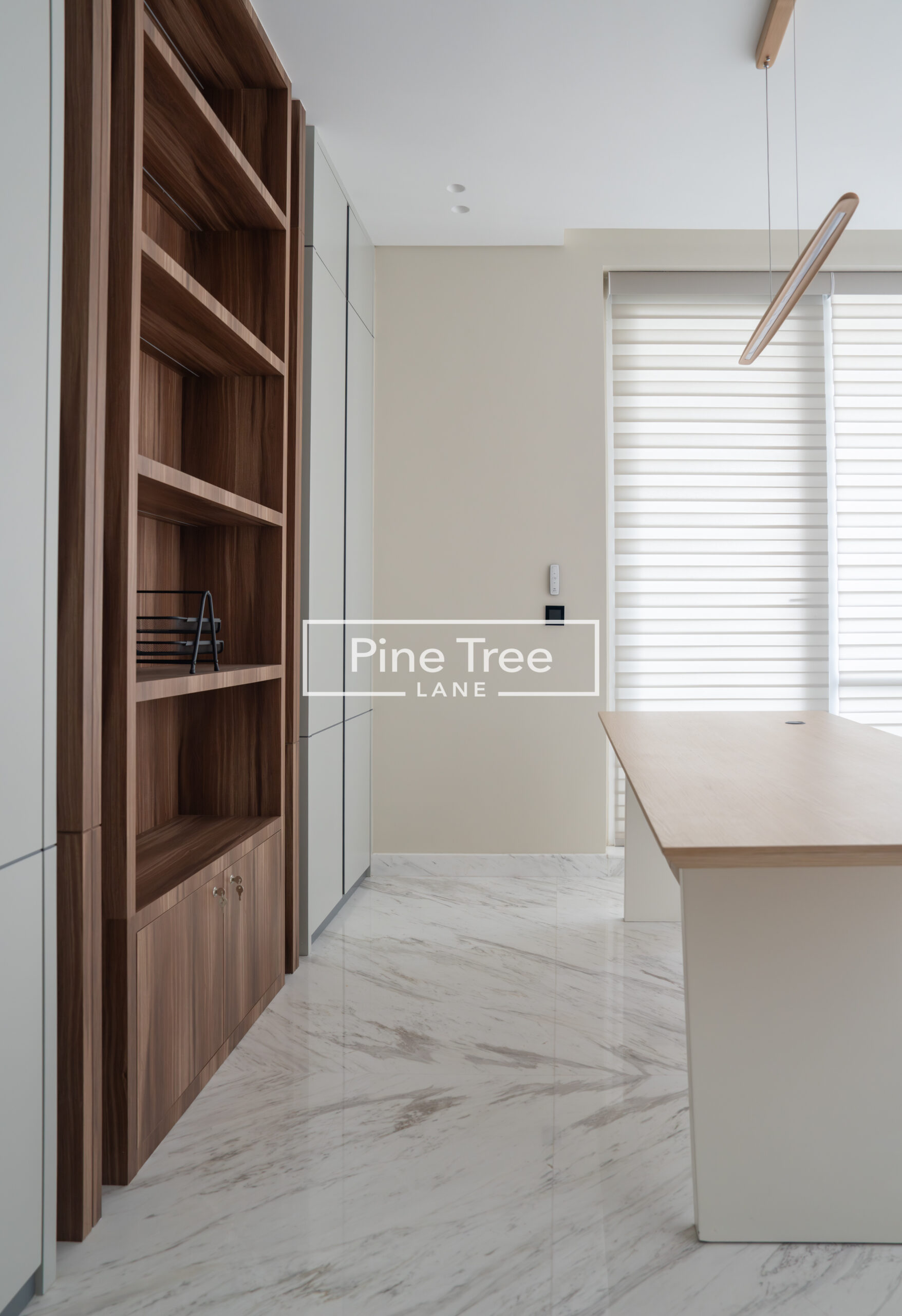 Modern space with wooden shelving, light wood desk