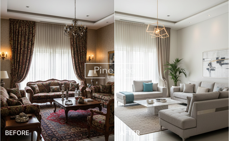 Before and after interior transformation of an older Dubai villa