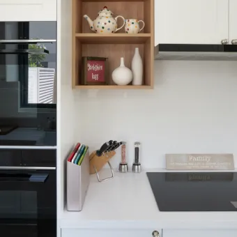 Modern kitchen wall cabinetry with open wooden display box shelves