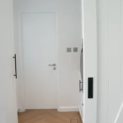 White panel door with sleek black handle and modern door frame