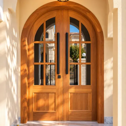 Arched double wooden entrance door with glass pane inserts