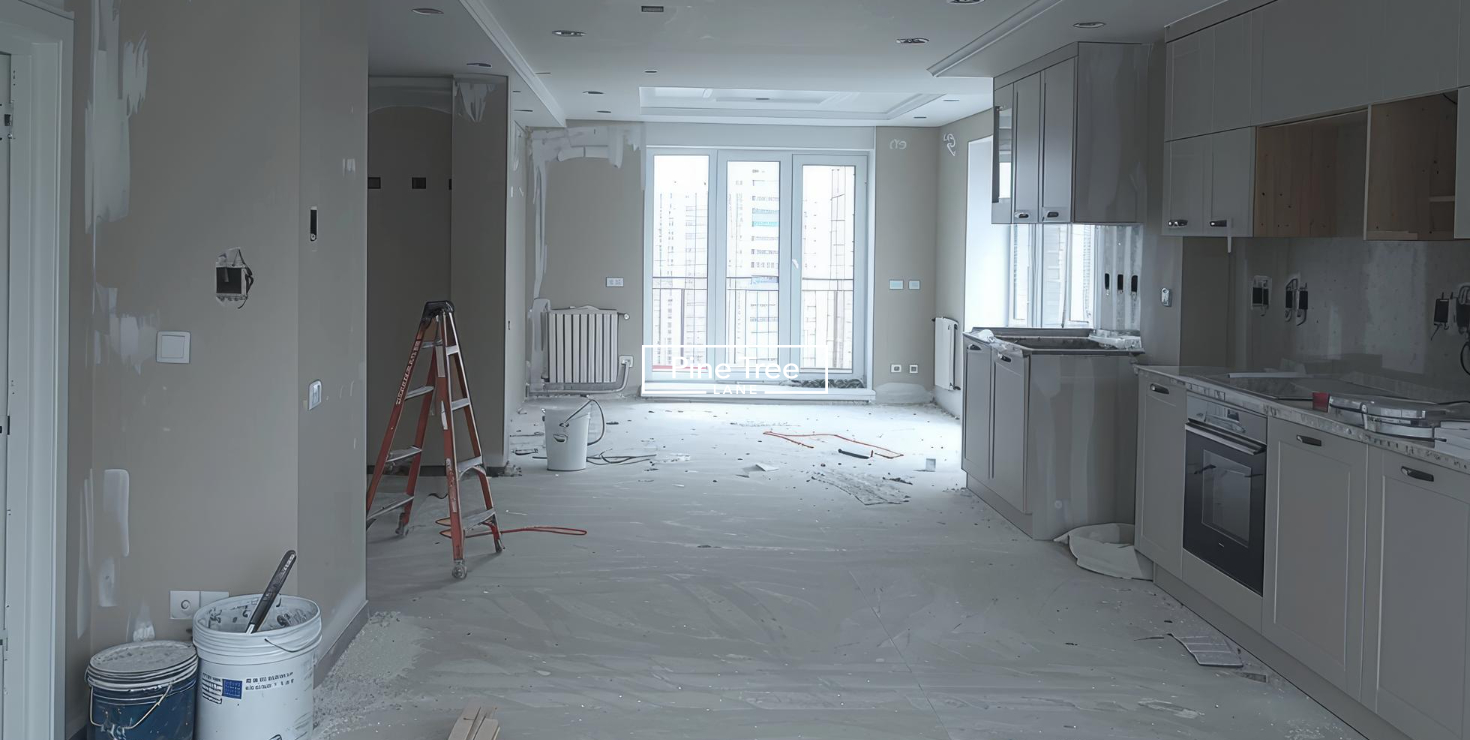 Apartment renovation in Dubai with a modern kitchen and living area under construction