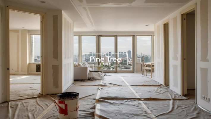 Apartment renovation in Dubai showing a bright living room with floor-to-ceiling windows during refurbishment
