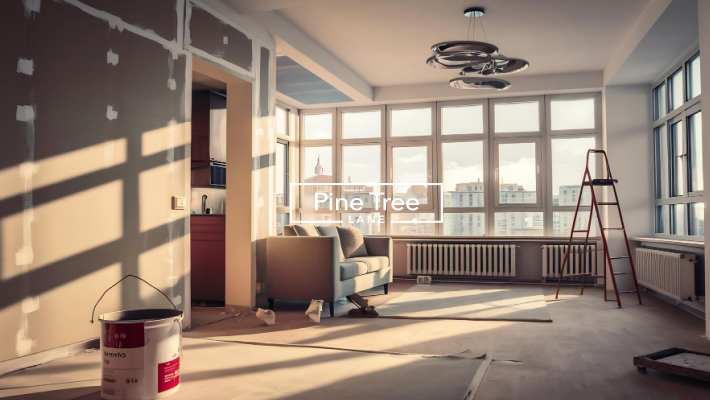 Apartment renovation in Dubai with a spacious living area, large windows, and walls being prepared for finishing