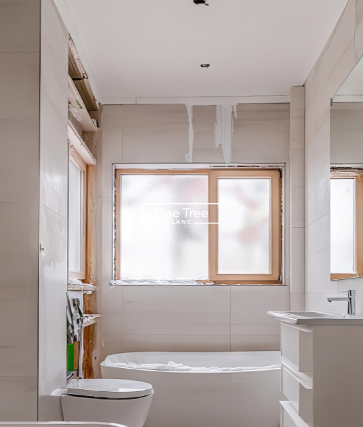 Bathroom renovation in Dubai featuring a modern glass shower enclosure and white tiled walls