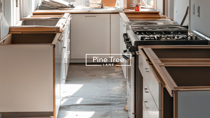 Kitchen renovation in progress with white cabinetry, unfinished walls, and installation tools