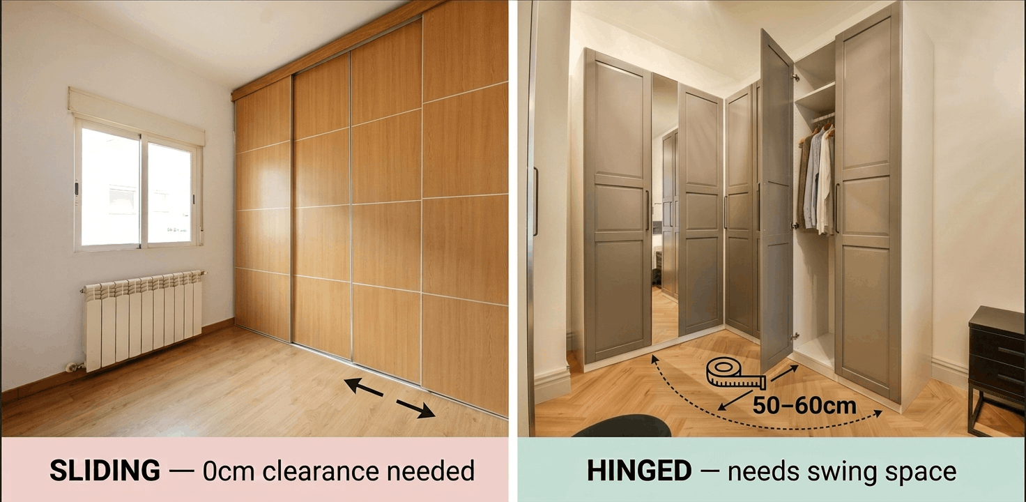 sliding vs hinged wardrobe door floor space comparison